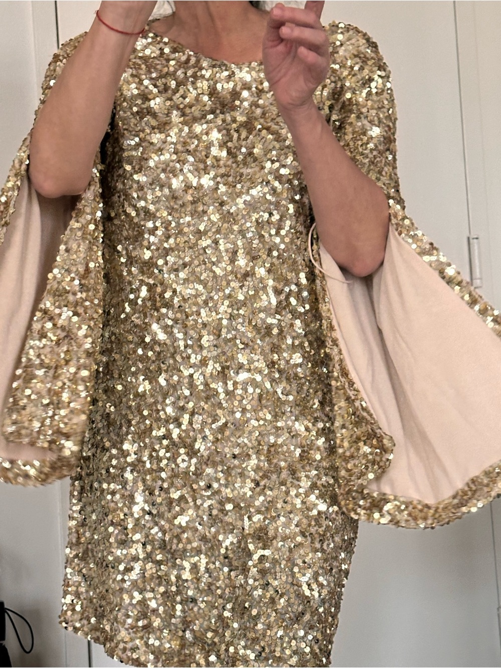Plus size, flattering, Gold Sequin Long Sleeve Mini Dress by Alice and Olivia